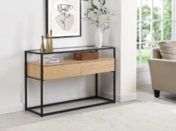 Console Avec 2 Tiroirs En MDF, Verre Trempé Et Métal - Naturel Clair - CAMATA