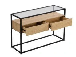 Console Avec 2 Tiroirs En MDF, Verre Trempé Et Métal - Naturel Clair - CAMATA -Electroménager Soldes console 15073681