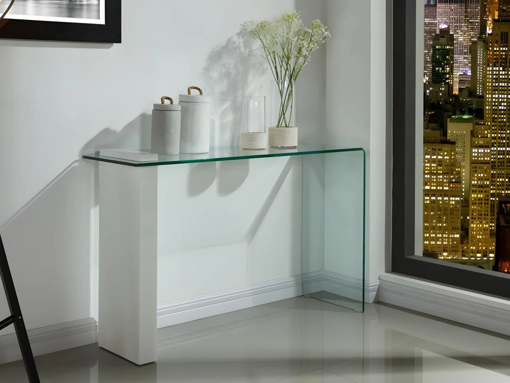 Console MANDY - Verre Courbé & MDF Laqué Blanc 3 Console MANDY - Verre Courbé & MDF Laqué Blanc