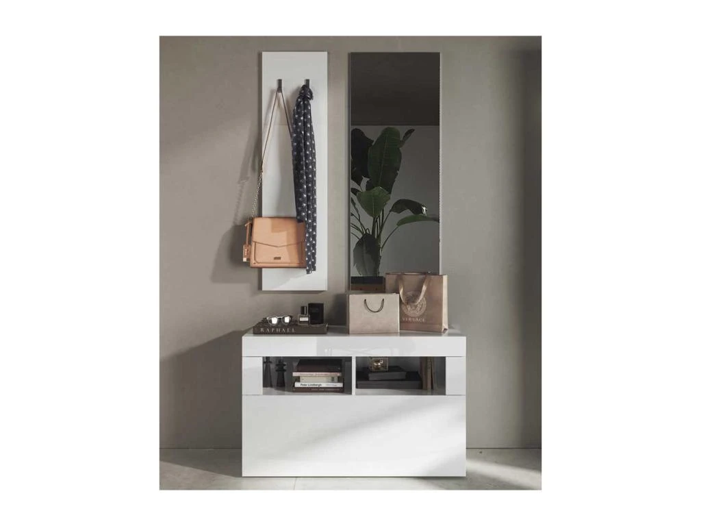 Meuble D'entrée Vestiaire Blanc Laqué Brillant - MATERA 3 Meuble D'entrée Vestiaire Blanc Laqué Brillant - MATERA