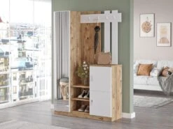 Vestiaire Avec 3 Portes Et 1 Miroir - Blanc Et Naturel - MIROTA