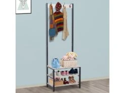 Porte-manteau Vestiaire D'entrée Dim. 60L X 40l X 175H Cm 3 étagères 4 Patères Double Crochet MDF Bois Clair Acier Noir