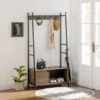 Vestiaire D'entrée Style Industriel - 5 Patères Doubles, Placard Porte, Niche, Banc - Dim. 84L X 40l X 169H Cm - Métal Noir Panneaux Aspect Bois -Electroménager Soldes dressing et vestiaire 13602459