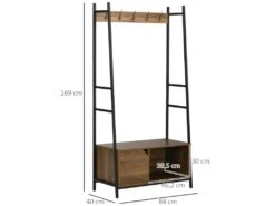 Vestiaire D'entrée Style Industriel - 5 Patères Doubles, Placard Porte, Niche, Banc - Dim. 84L X 40l X 169H Cm - Métal Noir Panneaux Aspect Bois -Electroménager Soldes dressing et vestiaire 13602463