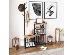 Vestiaire D'entrée Banc Porte-manteaux Avec étagère à Chaussures Style Industriel Acier Noir Aspect Bois