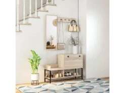 Ensemble De Meubles D'entrée - Organisateur D'entrée - Meuble à Chaussures, 4 Patères Doubles, 3 étagères - Noir Aspect Chêne Clair