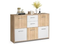 Commode De Chambre, Meuble De Rangement Avec 2 Tiroirs Et 5 Portes 114 X 29,5 X 77,5 Cm