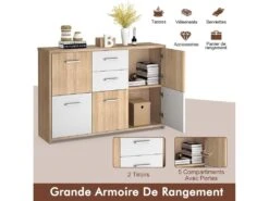 Commode De Chambre, Meuble De Rangement Avec 2 Tiroirs Et 5 Portes 114 X 29,5 X 77,5 Cm -Electroménager Soldes dressing et vestiaire 20920735