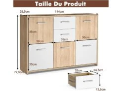 Commode De Chambre, Meuble De Rangement Avec 2 Tiroirs Et 5 Portes 114 X 29,5 X 77,5 Cm -Electroménager Soldes dressing et vestiaire 20920739