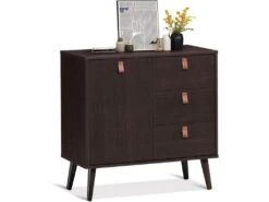 Commode à 3 Tiroirs Marron Avec Porte Hauteur Réglable Meuble Scandinave En Bois Massif 80 X 39,5 X 80,5cm