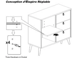 Commode à 3 Tiroirs Marron Avec Porte Hauteur Réglable Meuble Scandinave En Bois Massif 80 X 39,5 X 80,5cm -Electroménager Soldes dressing et vestiaire 20920777