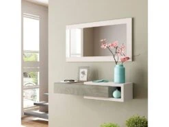 Meuble D'Entrée Reversible 1 Tiroir + Miroir 95 X 26 X 19 Cm Blanc Artik-chêne Alaska