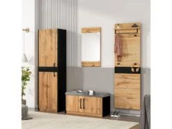 Vestiaire D'entrée Avec Miroir + Armoire + Banc à Chaussures - Style Campagnard - Naturel Foncé
