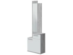 Meuble D'entrée Waltham, Étagère à Chaussures Multifonction Avec Miroir, Armoire Avec 1 Porte Et 1 Tiroir, 61x28h185 Cm, Ciment Et Blanc Brillant