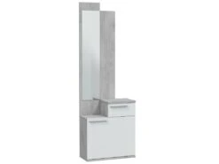 Meuble D'entrée Waltham, Étagère à Chaussures Multifonction Avec Miroir, Armoire Avec 1 Porte Et 1 Tiroir, 61x28h185 Cm, Ciment Et Blanc Brillant -Electroménager Soldes dressing et vestiaire 22860491