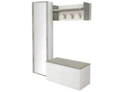 Meuble D'entrée Mirtilla, Entrée Moderne Avec Portemanteau, Meuble Avec étagère à Chaussures, Armoire Avec Miroir, Cm 50x32h182, Blanc Et Ciment