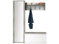 Meuble D'entrée Mirtilla, Entrée Moderne Avec Portemanteau, Meuble Avec étagère à Chaussures, Armoire Avec Miroir, Cm 50x32h182, Blanc Et Ciment -Electroménager Soldes dressing et vestiaire 22860579