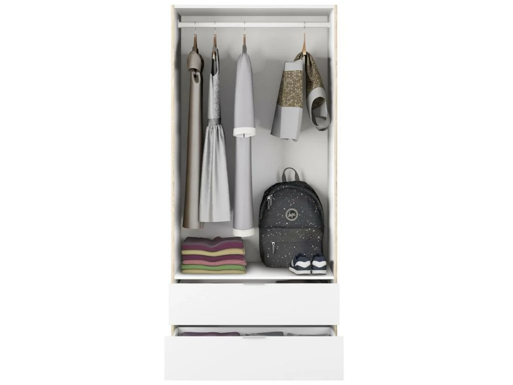 Vestiaire Donan, Armoire De Chambre Avec 2 Portes Et 2 Tiroirs, Armoire Avec Barre De Cintre, 82x52h180 Cm, Blanc Et Chêne 5 Vestiaire Donan, Armoire De Chambre Avec 2 Portes Et 2 Tiroirs, Armoire Avec Barre De Cintre, 82x52h180 Cm, Blanc Et Chêne – Image 3