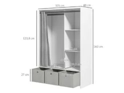 Vestiaire D'entrée - Barre De Penderie, 3 Niches, 3 Tiroirs Tissu, Rideau - Panneaux Blanc Polyester Lin Gris Clair -Electroménager Soldes dressing et vestiaire 23021393