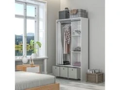 Vestiaire D'entrée - Barre De Penderie, 3 Niches, 3 Tiroirs Tissu, Rideau - Panneaux Blanc Polyester Lin Gris Clair -Electroménager Soldes dressing et vestiaire 23021395