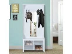 Porte-manteau Vestiaire D'entrée Banc Style Néo-rétro Dim. 80L X 40l X 170H Cm 4 étagères 4 Patères Double Crochet Miroir MDF Panneaux Particules Blanc