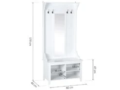 Porte-manteau Vestiaire D'entrée Banc Style Néo-rétro Dim. 80L X 40l X 170H Cm 4 étagères 4 Patères Double Crochet Miroir MDF Panneaux Particules Blanc -Electroménager Soldes dressing et vestiaire 8853615