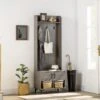 Vestiaire D'entrée Style Industriel - 3 Patères Doubles, 2 Portes, 2 Niches, étagère, Banc - Métal Noir Panneaux Aspect Bois Gris -Electroménager Soldes dressing et vestiaire 8853645