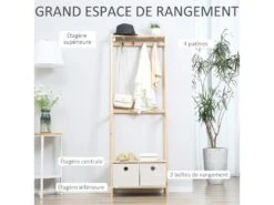 HOMCOM Vestiaire D'entrée Porte-manteau 4 Patères 2 Tiroirs Polyester Gris Clair 2 étagères Bois De Sapin -Electroménager Soldes dressing et vestiaire 8853661