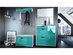 Ensemble Vestiaire 190 X 185 X 33 Cm Portemanteau De Couloir, Caisson En Blanc Mat, Façades En Turquoise Haute Brillance -Electroménager Soldes dressing et vestiaire 9886011