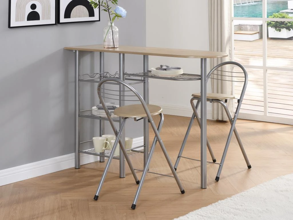 Ensemble "Mange Debout" : Meuble De Bar + 2 Tabourets De Bar En MDF Et Métal - Naturel Et Chromé - DEAMA 3 Ensemble "Mange Debout" : Meuble De Bar + 2 Tabourets De Bar En MDF Et Métal - Naturel Et Chromé - DEAMA