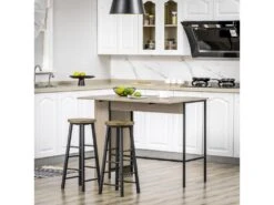 Table De Bar Extensible Design Industriel - 3 étagères Intégrées - Châssis Métal Noir Panneaux Particules Aspect Bois Gris