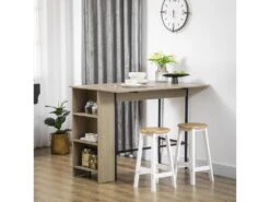 Table De Bar Extensible Design Industriel - 3 étagères Intégrées - Châssis Métal Noir Panneaux Particules Aspect Bois Gris -Electroménager Soldes meuble de bar 11159271