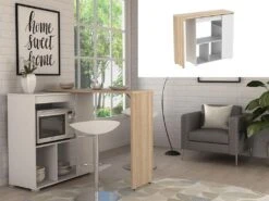 Meuble De Bar Pivotant Avec Rangements - Naturel Et Blanc - SATURNE