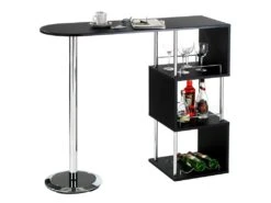 Table Haute De Bar VIGANDO Mange-debout Comptoir Avec 3 étagères Dont 1 Porte-bouteilles, En Métal Chromé Et Plateau En MDF Noir Mat