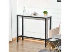 Table De Bar - Table Haute De Cuisine - Dim. 120L X 40l X 100H Cm - Châssis Piètement Acier Noir, Plateau Aspect Marbre Blanc