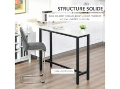 Table De Bar - Table Haute De Cuisine - Dim. 120L X 40l X 100H Cm - Châssis Piètement Acier Noir, Plateau Aspect Marbre Blanc -Electroménager Soldes meuble de bar 9398889