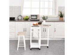 Ensemble Table De Bar Pliable Sur Roulettes Avec étagère Et 2 Tiroirs + 2 Tabourets Bois Pin MDF Blanc Chêne Clair