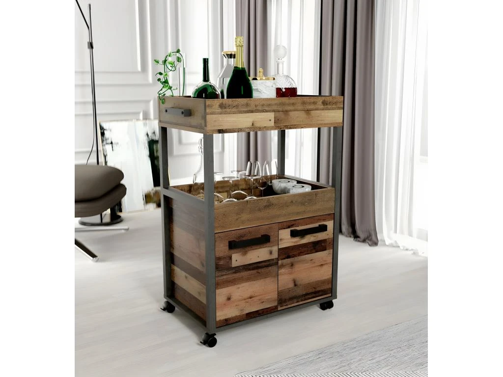 Bar à Roulettes 2 Portes 2 Plateaux Décor Bois Vintage Béton - BENJI 4 Bar à Roulettes 2 Portes 2 Plateaux Décor Bois Vintage Béton - BENJI – Image 2