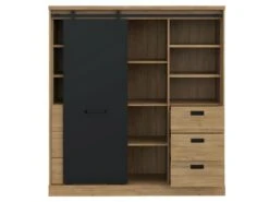 Vaisselier 1 Porte 6 Tiroirs Décor Chêne Et Noir éclairage LED - FARM -Electroménager Soldes meuble de cuisine 10449385