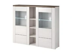 Vaisselier Design 2 Portes Pour Salon Couleur Blanc Effet Bois Et Chêne. Collection SANTIAGO.