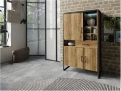 Vaisselier Style Industriel Avec éclairage LED Intégrée Collection MILO. Coloris épicéa Et Noir. -Electroménager Soldes meuble de cuisine 11157017