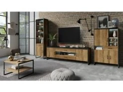 Vaisselier Style Industriel Avec éclairage LED Intégrée Collection MILO. Coloris épicéa Et Noir. -Electroménager Soldes meuble de cuisine 11157021