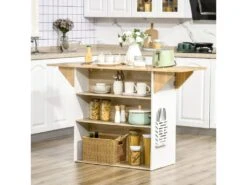 Ilot Central De Cuisine Avec Rangements Plan De Travail Rabattable 2 étagères 140L X 55l X 91H Cm Blanc Et Aspect Chêne Clair