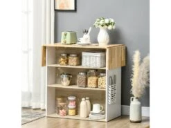 Ilot Central De Cuisine Avec Rangements Plan De Travail Rabattable 2 étagères 140L X 55l X 91H Cm Blanc Et Aspect Chêne Clair -Electroménager Soldes meuble de cuisine 12341999