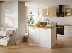 Ilot Central De Cuisine Avec 2 Portes - Blanc Et Naturel - MECHILA