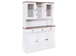 SOCOA - Buffet Vaisselier 5 Portes 3 Tiroirs Bois Massif Vernis Sepia Et Blanc