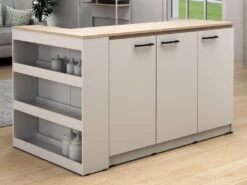 Ensemble îlot Central De Cuisine + 2 Tabourets - Blanc Et Naturel Clair - NUSICE -Electroménager Soldes meuble de cuisine 16572281