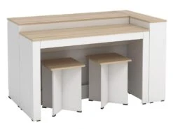 Ensemble îlot Central De Cuisine + 2 Tabourets - Blanc Et Naturel Clair - NUSICE -Electroménager Soldes meuble de cuisine 16572311