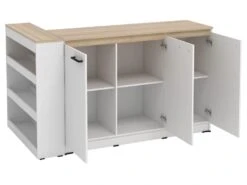 Ensemble îlot Central De Cuisine + 2 Tabourets - Blanc Et Naturel Clair - NUSICE -Electroménager Soldes meuble de cuisine 16572337