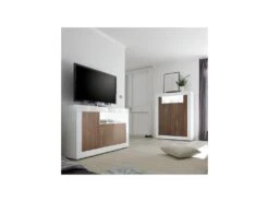 Vaisselier 2 Portes Blanc/Noyer - LUBIO -Electroménager Soldes meuble de cuisine 17634723